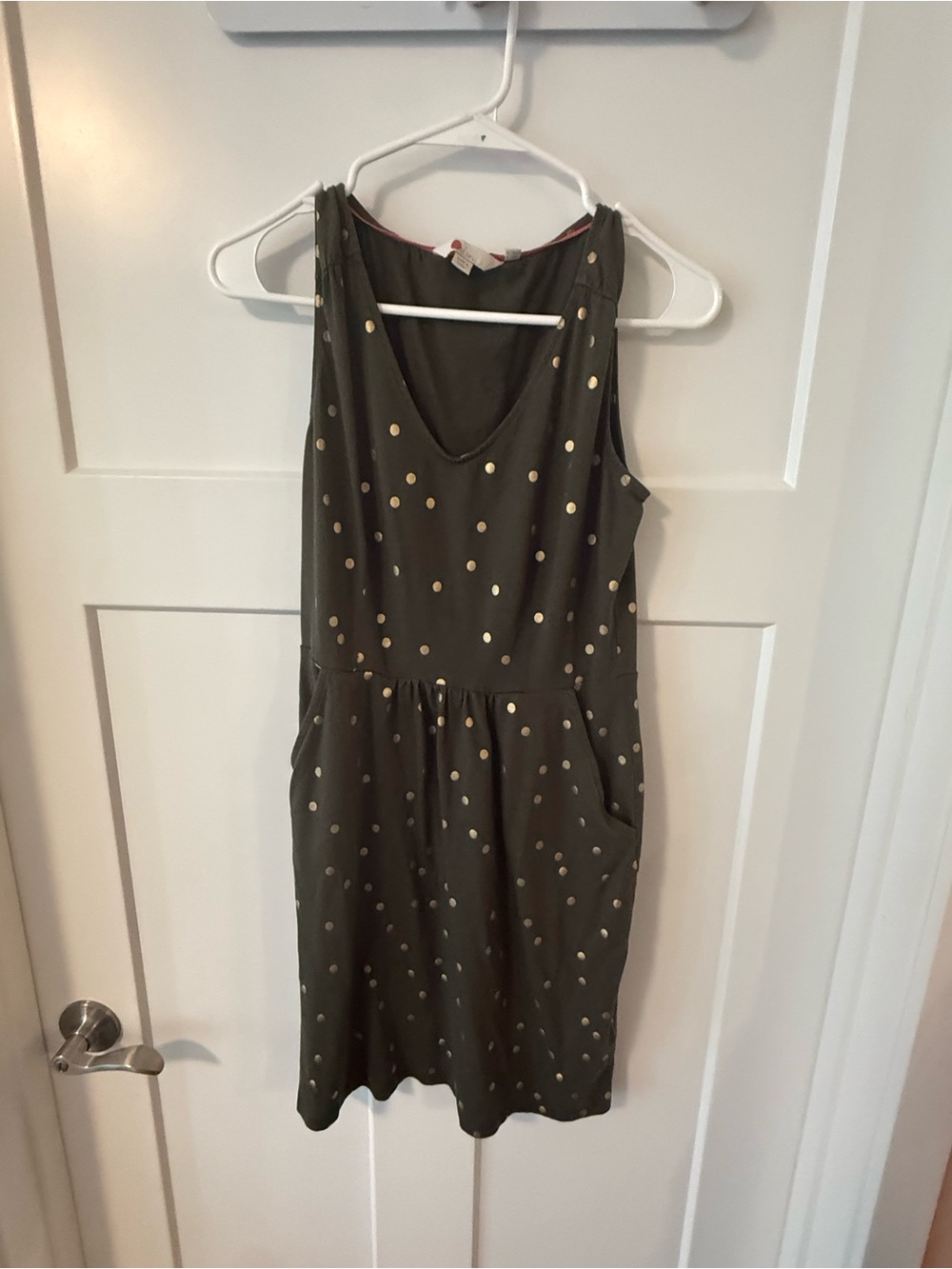 Boden Sleeveless Olive Polka Dot Dress with Pockets size 6